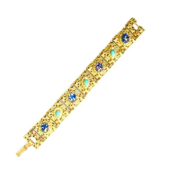 Vintage Goldtone Confetti Lucite Cabochon Panel Bracelet - Picture 14 of 16